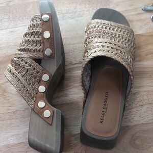 Kelsi Dagger Natural Woven Slide Mules with Brown Accents
